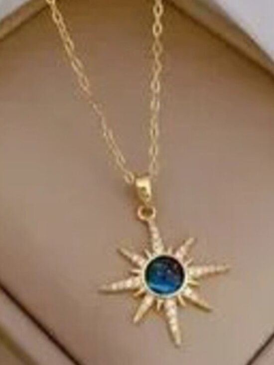 Jewelry - Gold Plated Stainless Steel Blue Sunburst Pendant Necklace